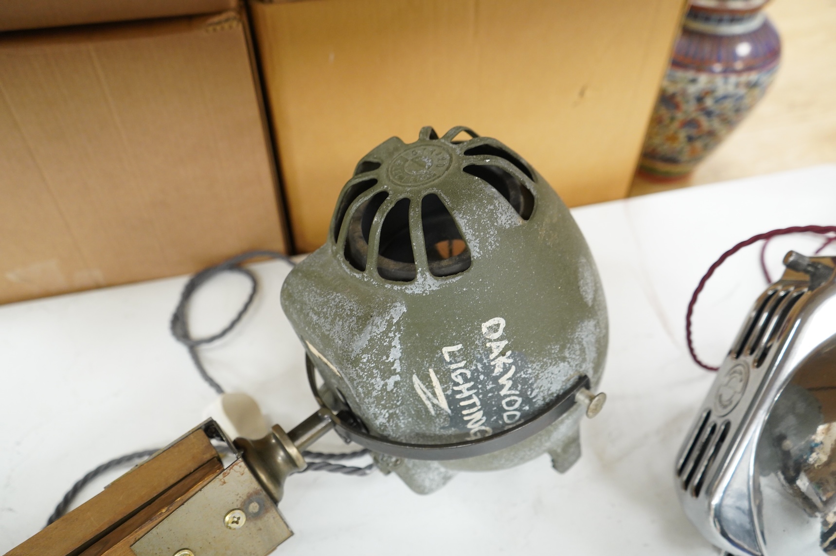 A vintage strand electric theatre lamp on tripod base, 89cm high